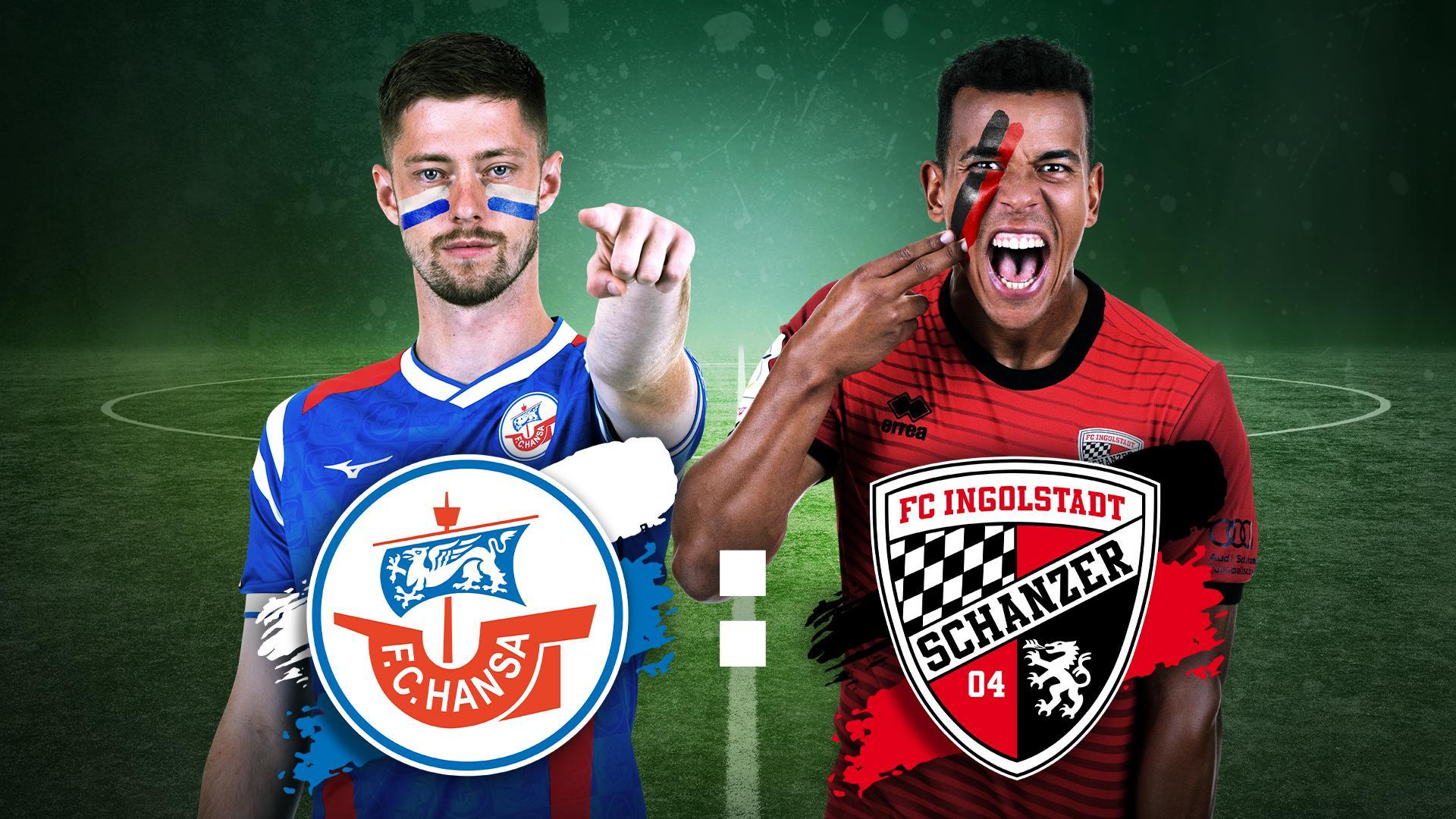 Werbegrafik mit Spielern von Hansa Rostock und FC Ingolstadt.